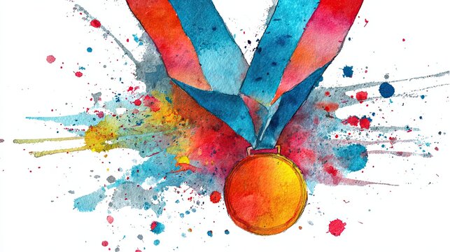 A vibrant watercolor painting of a gold medal with a red and blue ribbon, surrounded by colorful paint splashes.