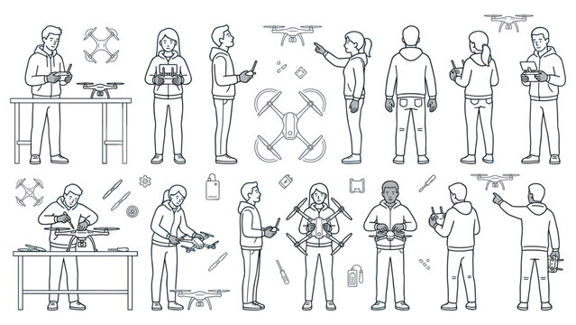 Drone engineer character set in different poses, turns, and actions for animation.