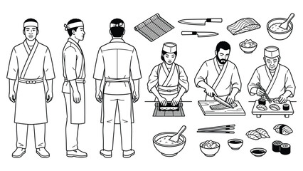 Japanese sushi chef preparing fresh seafood rolls and nigiri. © jubayer71