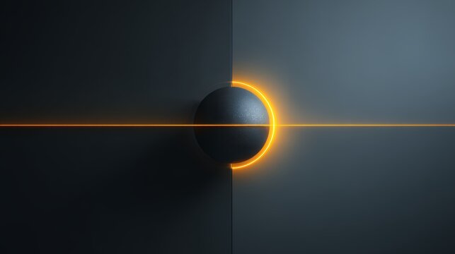 Futuristic 3D Abstract Sphere with Glowing Orange Neon Horizon Line and Circular Ring on Dark Textured Background for Tech Design