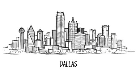 Fototapeta premium Elegant black-and-white sketch of Dallas city skyline showcasing iconic skyscrapers and urban landscape detailed line art for