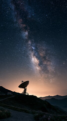 Fototapeta premium Stunning Milky Way and Night Sky Over Radio Telescope: Astronomy and Space Exploration in a Mountain Landscape
