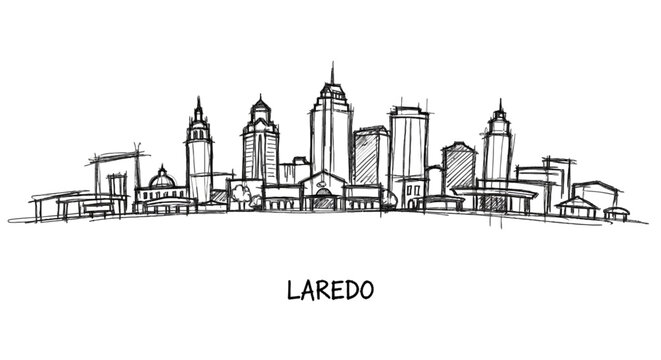 Minimalist Sketch of Laredo's Skyline Featuring Iconic Urban Architecture and Cityscape Silhouette