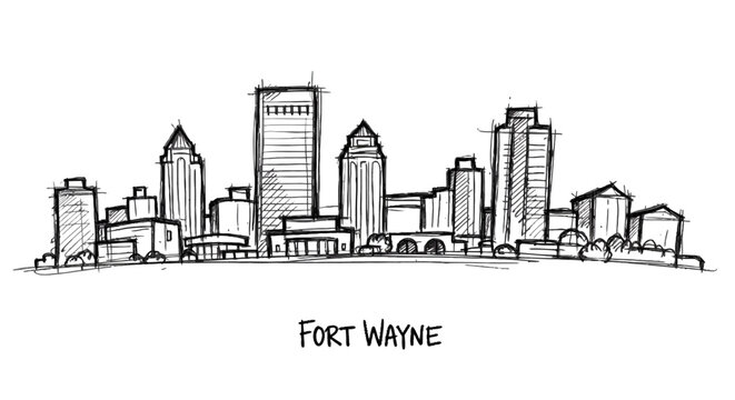 Sketch of Fort Wayne's Urban Skyline Featuring Diverse Modern and Classic Building Structures