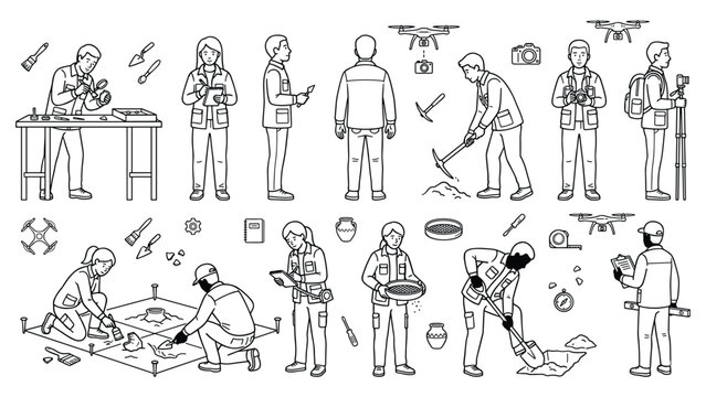 Archaeologist characters excavation site research and fossil discovery process illustration.