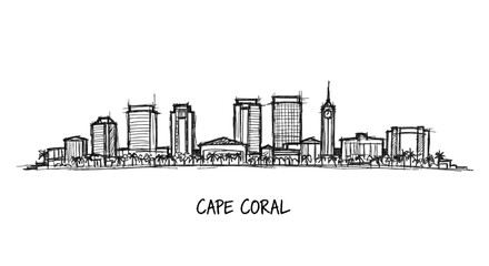 Obraz premium Sketch of Cape Coral skyline featuring diverse high-rise buildings and iconic structures illustrating urban development and