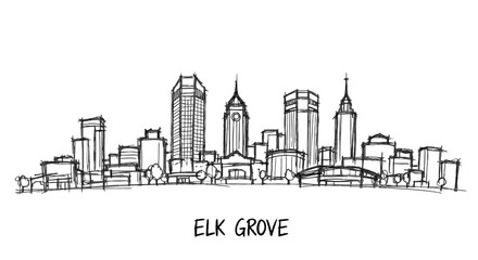 Fototapeta premium Minimalist Line Art Illustration of Elk Grove's Skyline Featuring Iconic Buildings and Cityscape