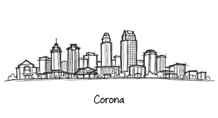Obraz premium Minimalist cityscape sketch highlighting urban skyline during pandemic titled Corona with hand-drawn buildings in black lines on