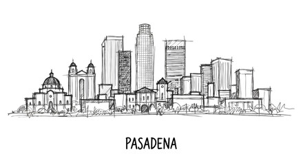 Fototapeta premium Elegant black and white sketch of downtown Pasadena cityscape showcasing diverse architectural styles and urban skyline with