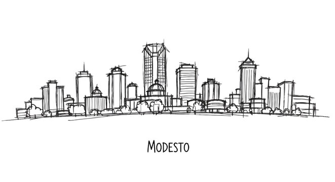 Stylized sketch of a modern city skyline highlighting diverse architectural designs in Modesto