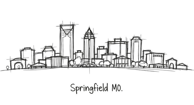 Elegant skyline sketch of Springfield Missouri showcasing diverse architectural styles and cityscape with a minimalist outline