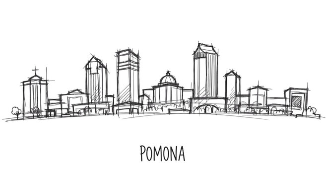 Contemporary cityscape outline sketch showcasing urban architecture and skyline silhouette representing Pomona city in a