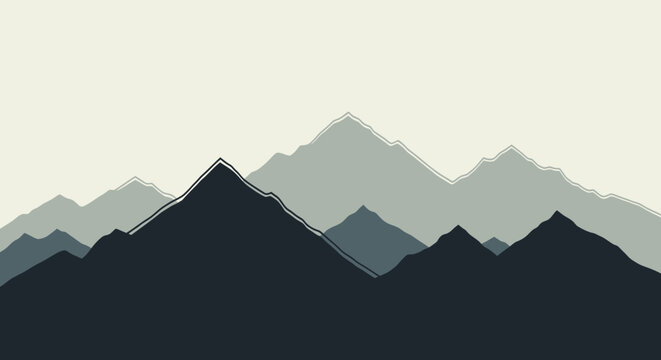 Minimalist mountain range silhouette, layered peaks, muted color palette, abstract landscape background