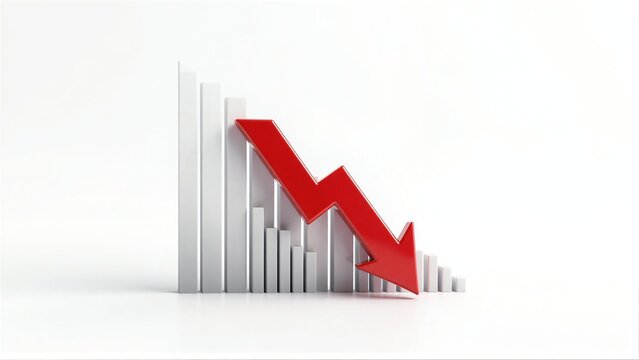 Red arrow points down over gray bars symbolizing decline or decrease.