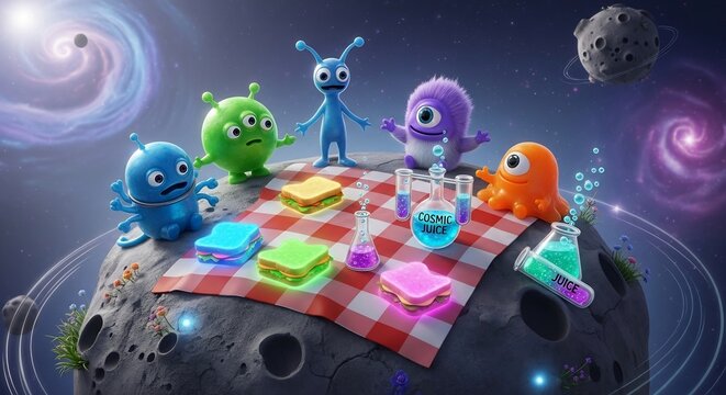 Cute Alien Friends Having a Picnic on a Planet in Outer Space.