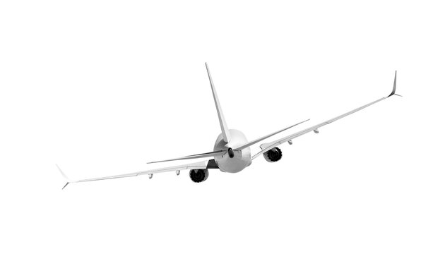 White airplane passenger jet Boeing 737 Max flying and banking to the left side rear view from behind angle isolated on a transparent background for commercial airline marketing material