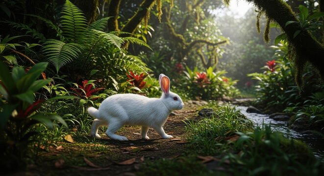 A White Rabbit Exploring a Lush Forest Path Beside a Gentle Stream