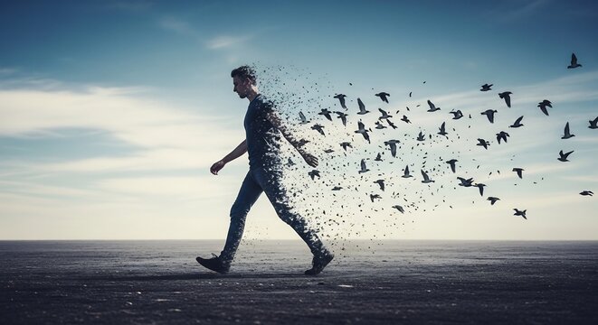 Man Dissolving into Birds Against a Cloudy Sky.