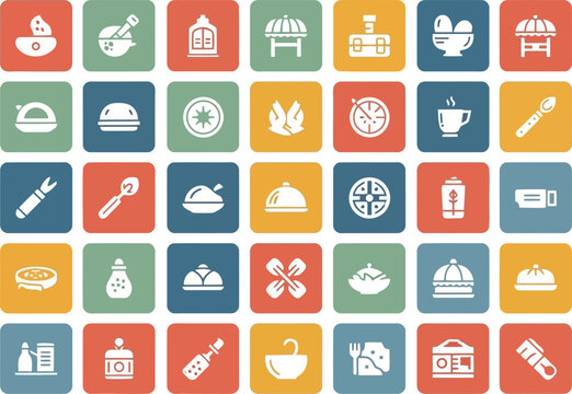 Colorful flat service and hospitality icon set in square tiles for hotel, restaurant and travel branding