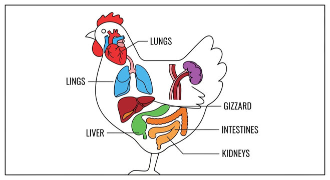 Chicken Anatomy Diagram: Internal Organs Labeled - Lungs, Heart, Liver, Gizzard, Kidneys, Intestines
