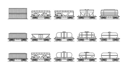 Variety of train cargo cars illustration. © Shalahuddin