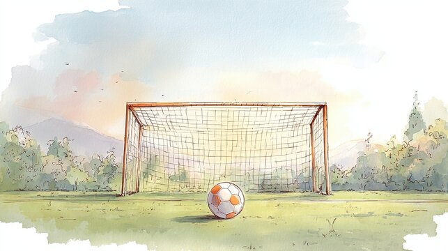 A watercolor illustration of a soccer goal on a grassy field with a soccer ball centered in front, set against a soft sky and trees in the background.