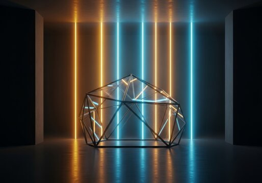 Sleek glass pavilion featuring geometric panels glowing under dramatic golden and azure beams within a minimalist dark architectural space, abstract, innovation, shadow