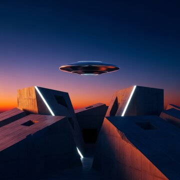 A sleek metallic disk-shaped craft hovers silently above a complex of sharp, minimalist concrete buildings under a deep twilight sky scene, concrete, structure, modern