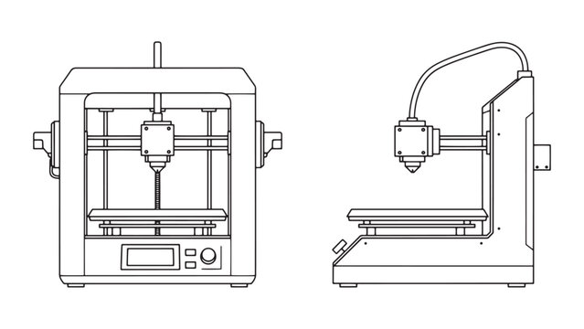 Technical line drawing of a desktop 3D printer machine with front and side views