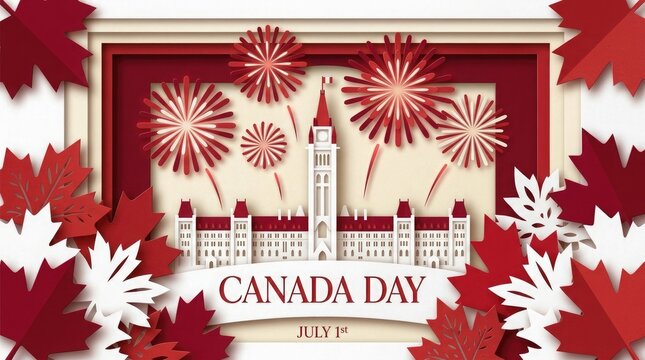 Canada day celebration card featuring paper cut style building with fireworks and leaves.