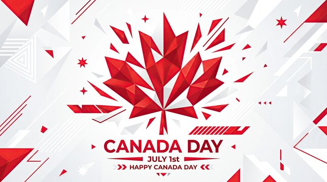 Geometric canada day poster with abstract polygonal maple leaf and sharp angular patterns.
