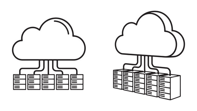 Cloud computing and database server hosting infrastructure line icon set