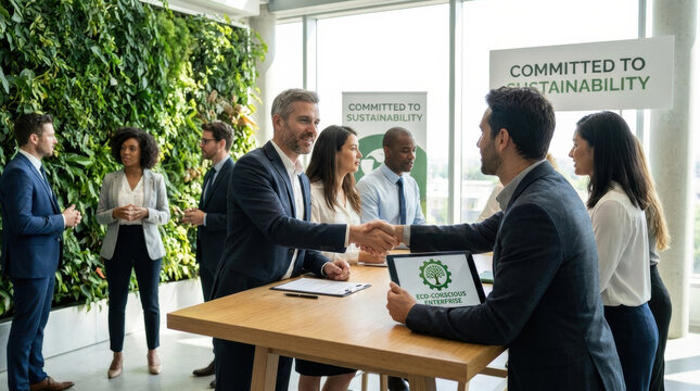 Eco conscious enterprise sustainable business corporate meeting green office diverse team handshake environmental responsibility modern workplace teamwork eco friendly