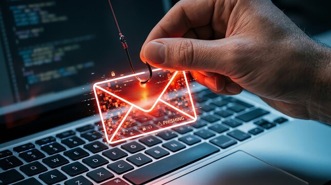 Cybersecurity phishing attack concept glowing envelope on fishing hook above laptop keyboard