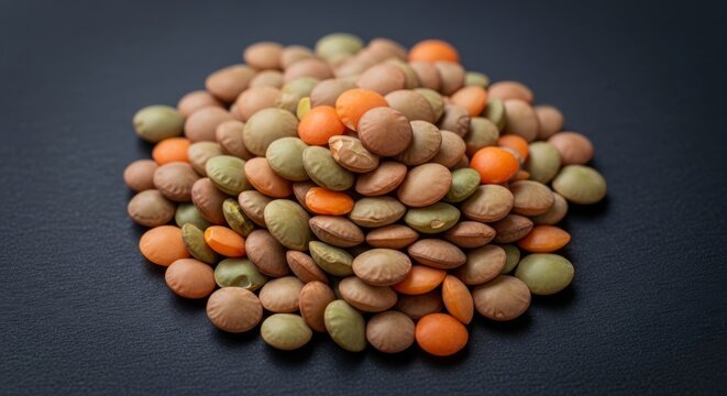 Extreme close-up of colorful dried lentils showing organic textures and earthy tones of brown, green, and orange in a pile of raw seeds, assortment, detail, diet