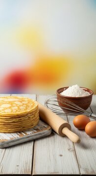 A stack of golden crepes sits on a wooden board next to a metal whisk, a bowl of flour, eggs, and a rolling pin on a rustic kitchen table, recipe, preparation, stack