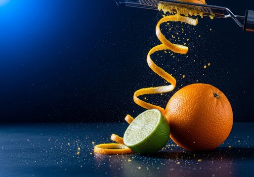 Bright citrus fruit being zested under a sharp blue light, capturing a refreshing spray of juices and vibrant peels on a dark surface, neon, spiral, shadows