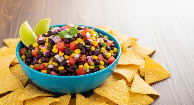A vibrant bowl of chunky black bean salsa served with crunchy golden tortilla chips, featuring corn, tomatoes, and fresh lime on a table, snack, protein, party