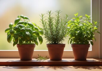 Fototapeta premium Lush green herb garden featuring vibrant basil, rosemary, and mint growing in rustic clay pots on a sunny wooden windowsill in soft light, soil, cooking, parsley