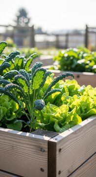 Healthy organic vegetables including kale and lettuce grow in sturdy wooden raised garden beds under bright sunlight in a backyard garden, wooden, homestead, earth
