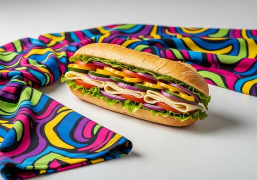 A vibrant summer garment with bold patterns frames a delicious multilayered baguette sandwich filled with vegetables and sliced cheese, crust, cheese, fabric
