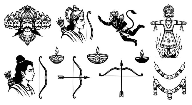 Black and white line art Dussehra vector set with Lord Rama, Ravana, flying Hanuman, bows, arrows, diyas, and burning effigy.