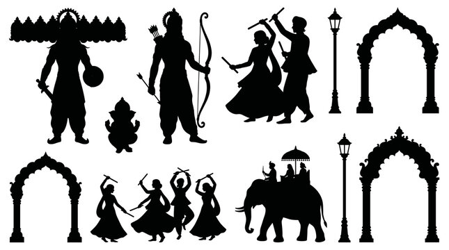 Dussehra vector silhouette set featuring Lord Rama, ten-headed Ravana, garba dancers, traditional arches, and an elephant procession.