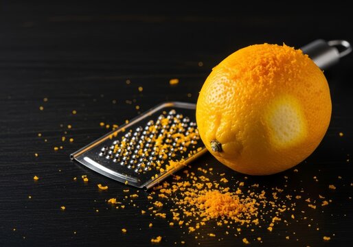 A macro shot of vibrant citrus fruit with fine orange zest flakes and a metal grater tool on a dark wooden surface in a bright kitchen, steel, healthy, fruit