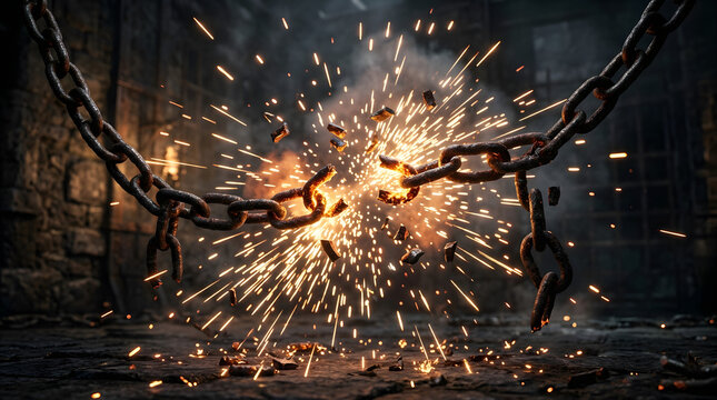 Broken metal chains exploding with sparks in dark urban alley
