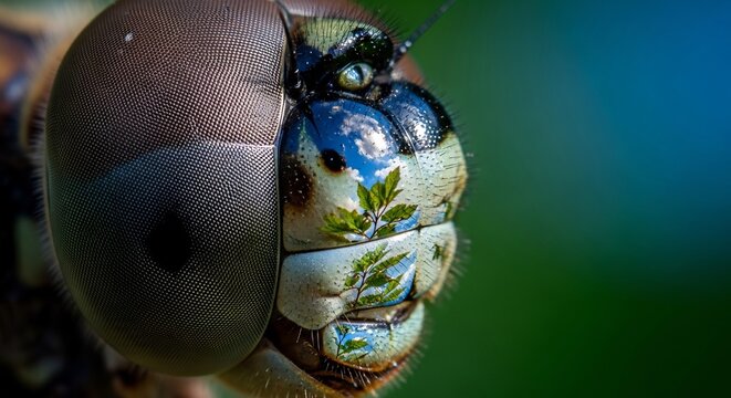 Extreme Macro Close-up of a Dragonflys Compound Eye and Head.