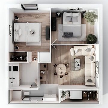 modern minimalist apartment floor plan with furniture layout isolated on transparent background