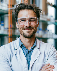 Fototapeta premium Portrait of a Male Chemist in Lab Coat Working on Biotechnology Experiments in Modern Laboratory Environment - Smiling Scientist Utilizing Safe Practices in Chemistry Labs
