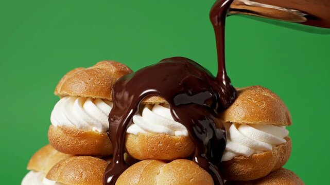 Decadent Cream Puffs Drizzled with Chocolate Sauce on Green Background for Culinary and Dessert Promotions