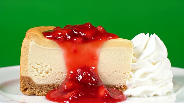 Delicious Cheesecake Slice With Strawberry Sauce And Whipped Cream On A White Plate Isolated Against A Bright Green Background